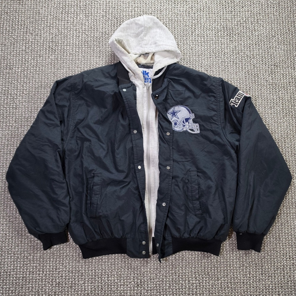 Vintage Chalk Line Dallas Cowboys Jacket Mens Large Hooded Bomber Black 90s USA